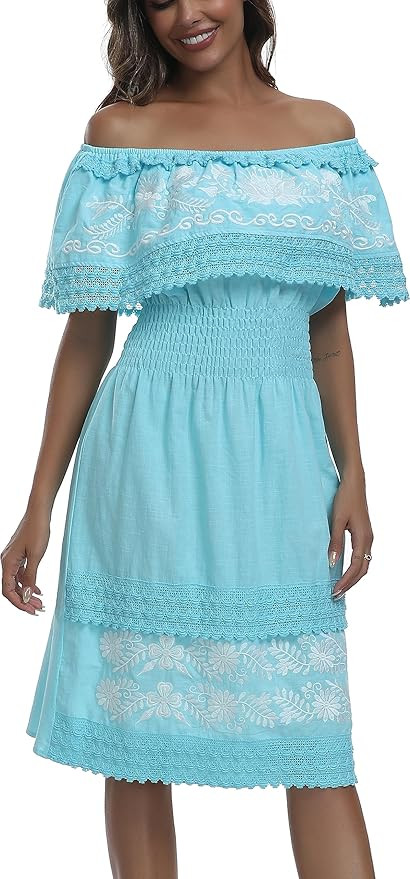 Women's 2024 Embroidered Summer Dress Lace Casual Ruffle Off-Shoulder Sleeveless Dress Boho Flowy... | Amazon (US)