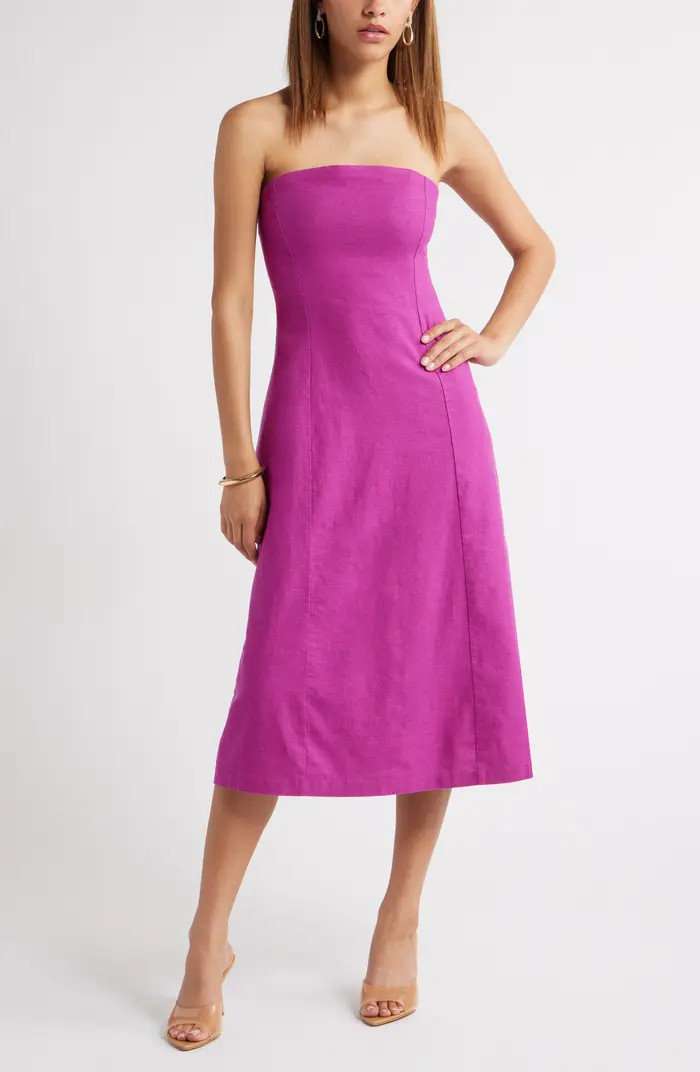 Strapless Linen Blend Midi Dress | Nordstrom