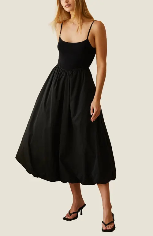 CRESCENT Mixed Media Bubble Skirt Midi Dress in Black at Nordstrom, Size Large | Nordstrom