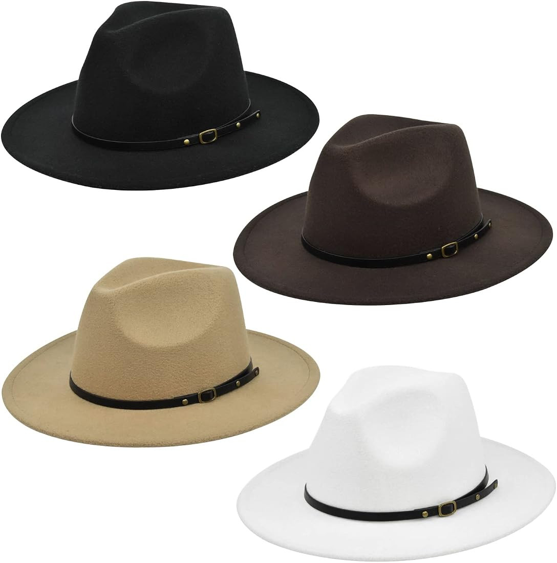 Women Classic Wide Brim Fedora Hat, 4 Pack Retro Panama Hat Wool Fedora Hat with Belt Buckle | Amazon (US)