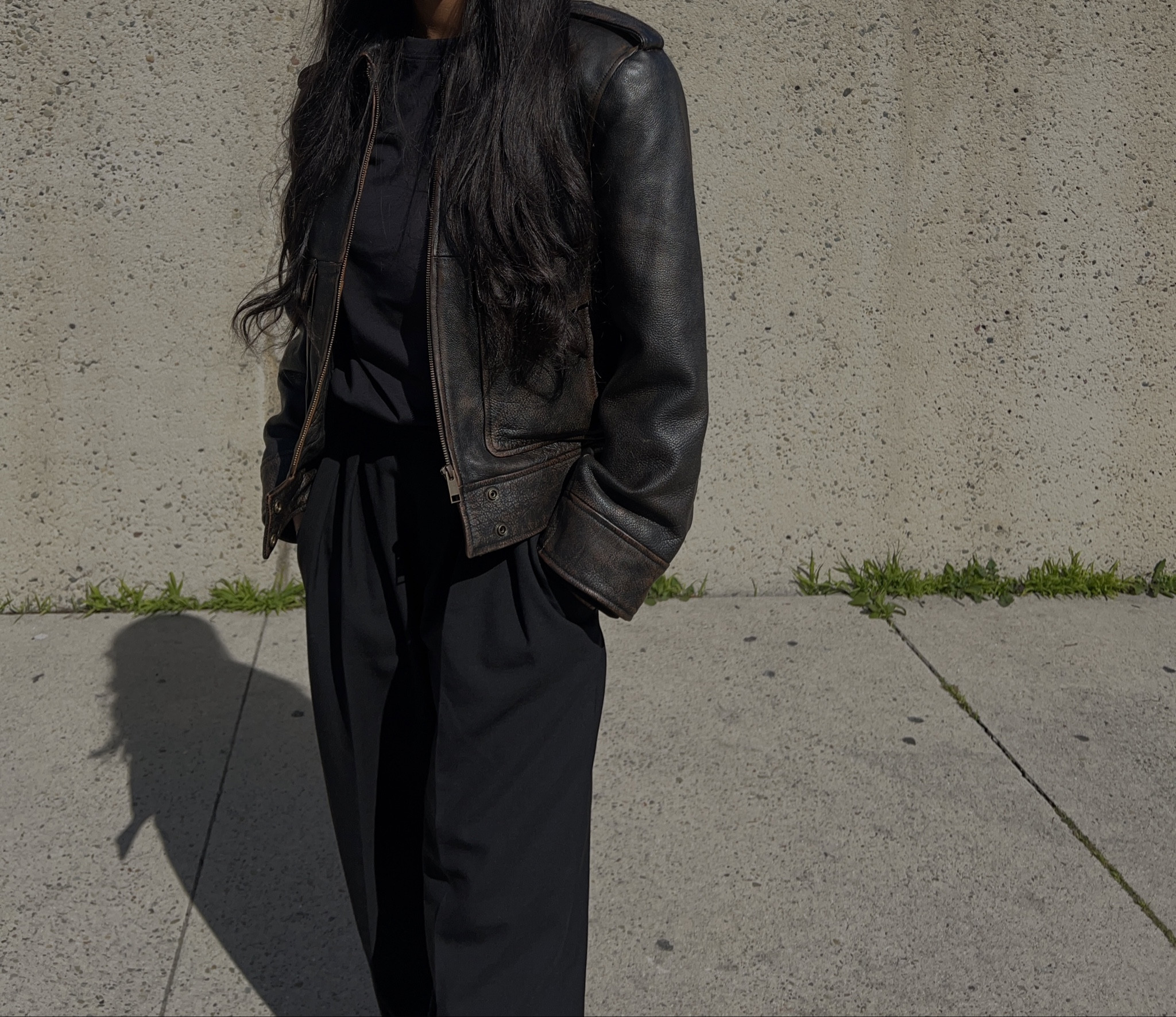 leather jacket, black long sleeve top, black trousers, brown loafers.

#LTKstyletip