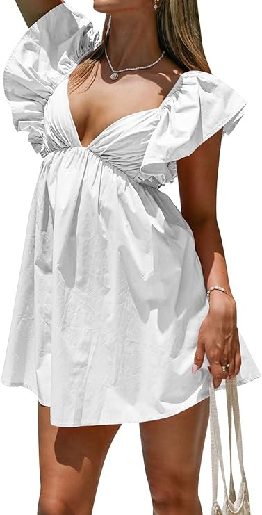 Womens Spring Summer V Neck Knot Back Causal Strap Short Flowy Swing Mini Dress | Amazon (US)