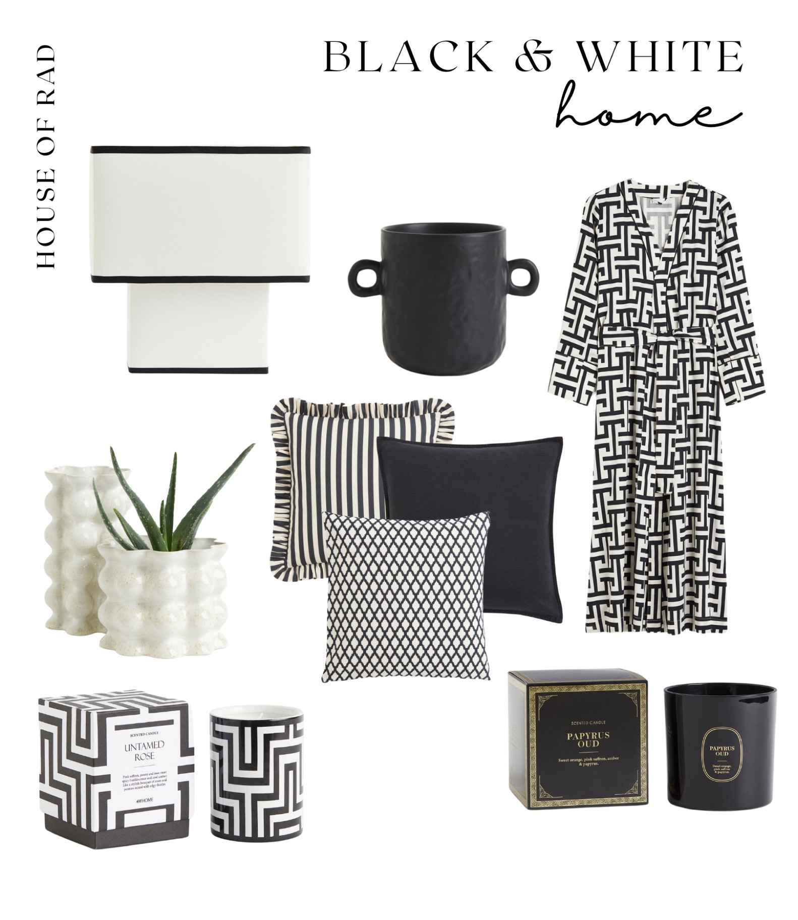 Black and White Home Decor
Black and white fabric table lamp
Black and white throw pillows
Black candle
Black and white candle
Black planter
White planter
Black and white satin robe


#LTKfindsunder50 #LTKhome