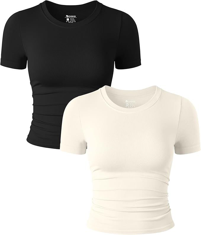 OQQ Womens 2 Piece Shirts Short Sleeve Crew Neck Ruched Stretch Fitted Tee Shirts Crop Tops | Amazon (US)