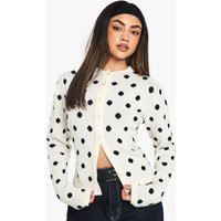 Womens Polka Dot Crew Neck Knitted Cardigan - White - M, White | Boohoo.com (UK & IE)