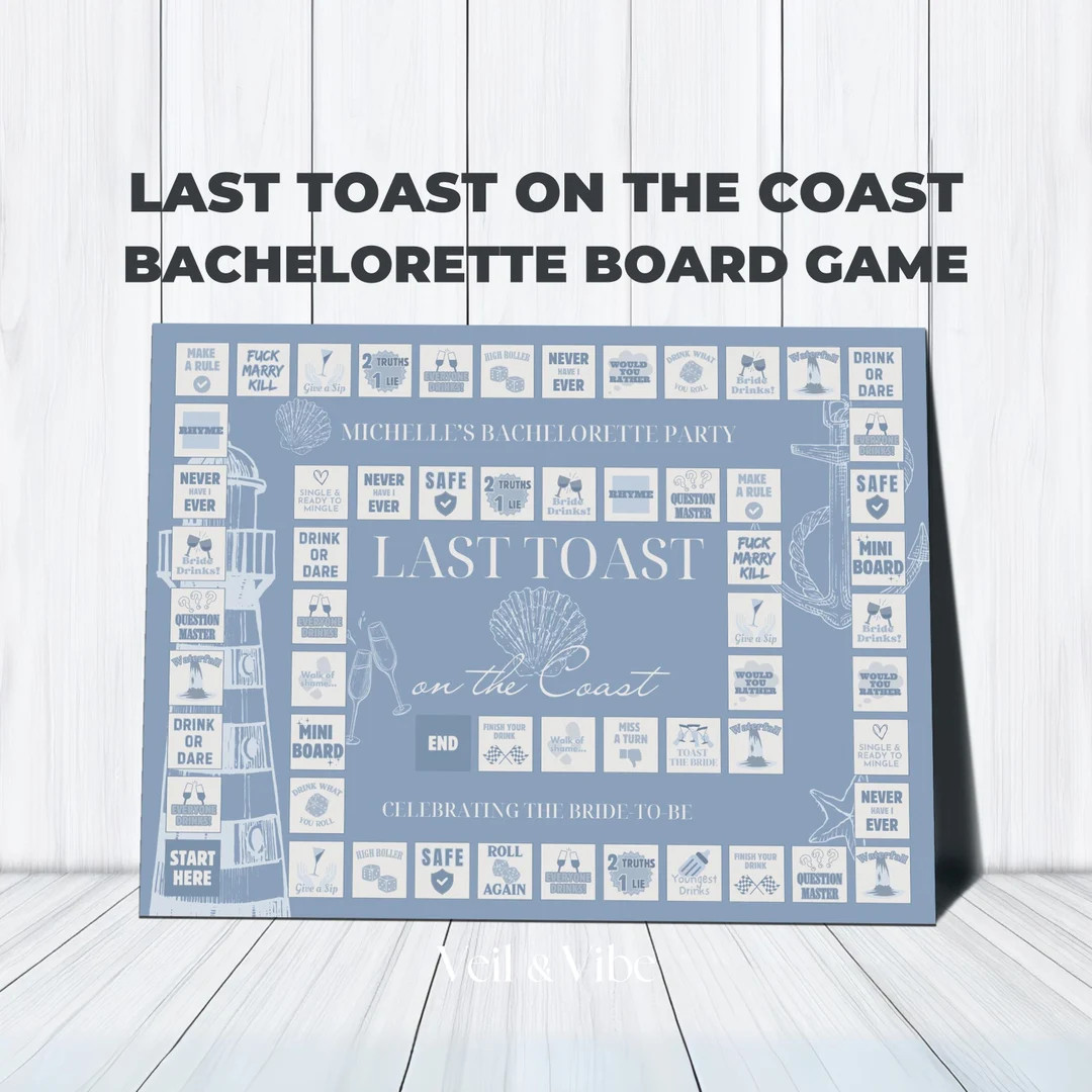 Last Toast on the Coast Bachelorette Board Game Editable Game Bachelorette Drinking Games Coastal... | Etsy (US)