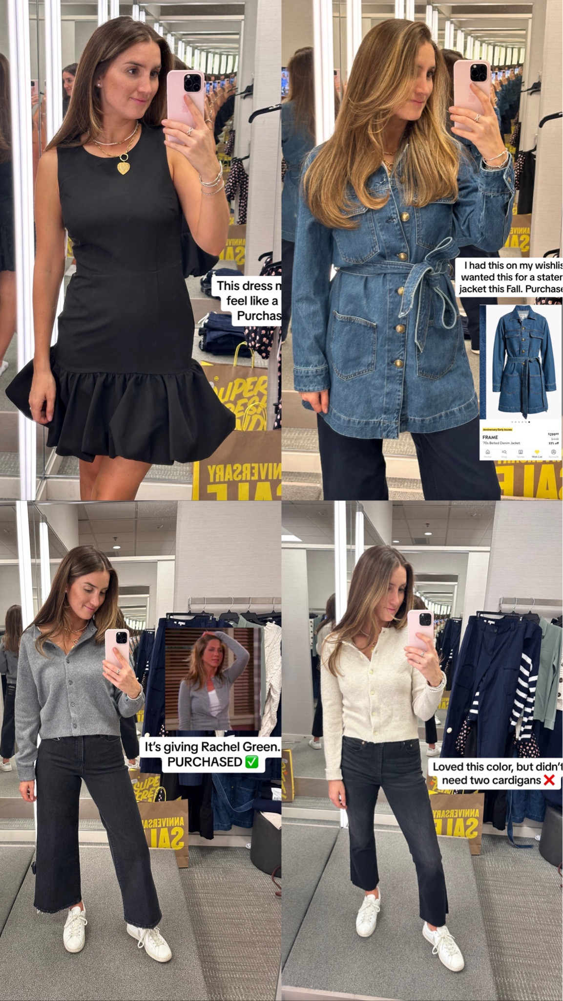 Nordstrom Anniversary sale try on PT 1!!! 

Sizes I’m wearing:
Black mini dress - small
Grey & tan cardigan - extra small (I wanted to wear as a “shirt” so I sized down!)
Black wide leg jeans - size 6
Jean jacket - medium (I sized up for looser fit to pair with sweaters for a fall outfit)