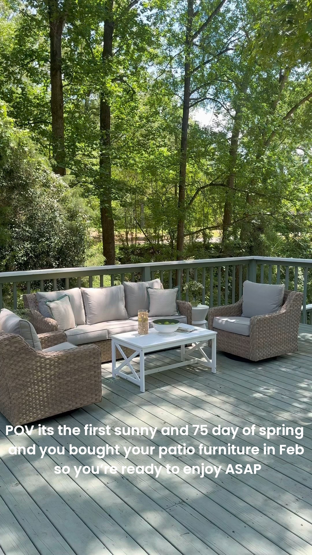 Walmart patio lounge set. Comes with one sofa and 2 swivel chairs and cushions AND protective covers! Incredible quality and the price is unbelievable! Highly recommend. We’ve Owned for one year and it’s held up great on our uncovered patio  

#LTKHome