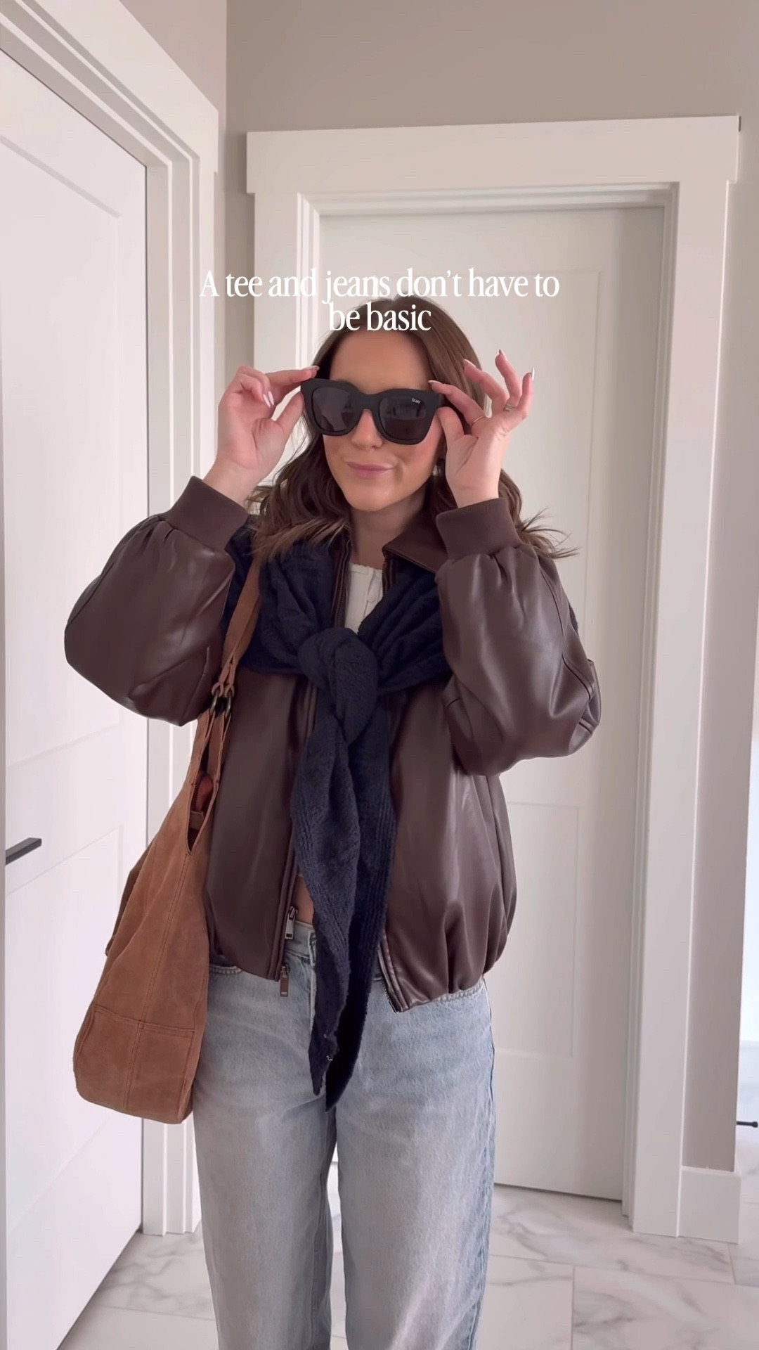 Elevating my tee and jeans with a faux leather bubble hem jacket and a triangle scarf. A combo that makes me feel cooler than I am😎

Millennial, style over 30, triangle scarf, target style, free people, quay sunglasses, target finds, white tee 

#LTKootd