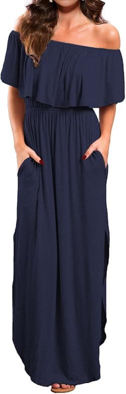 Women's Off Shoulder Summer Casual Long Ruffle Beach Maxi Dress with Pockets | Amazon (US)