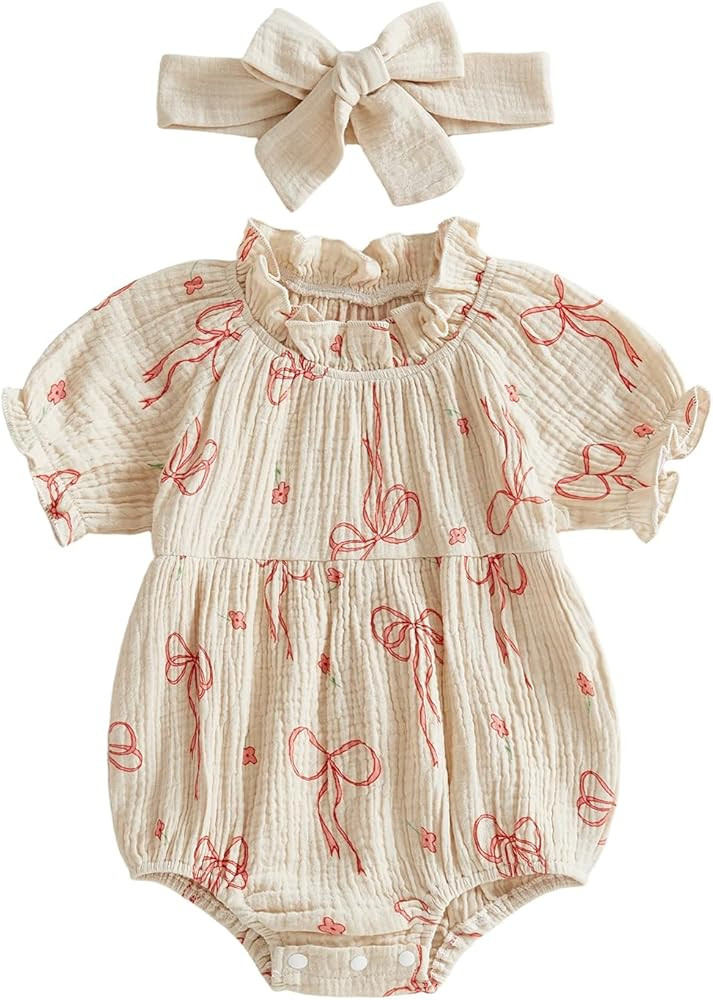 Newborn Baby Girl Clothes Bow Print Smocked Bubble Romper Cotton Linen Ruffle Onesie + Headband C... | Amazon (US)