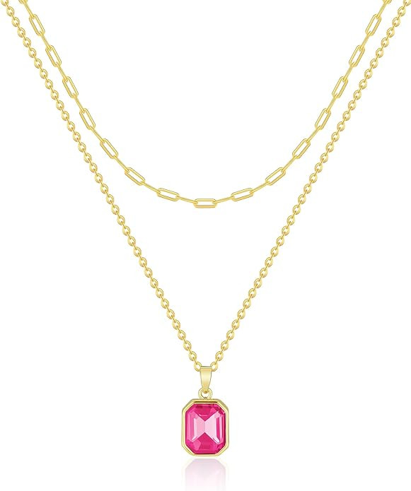 Gold Layered Necklaces for Women, 18k Gold Plated Crystal Necklace Paperclip Choker Emerald Green... | Amazon (US)