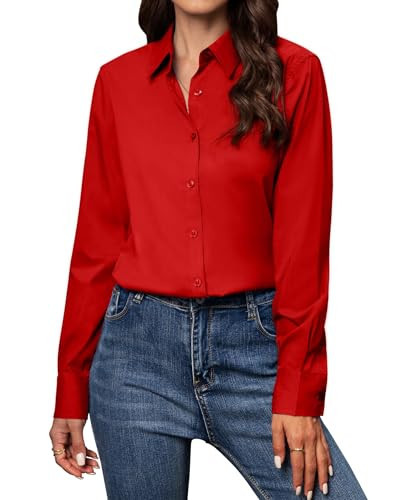 Gleeivy Red Button Down Shirts for Women Long Sleeve Button Up Shirts Classic Fit Solid Cotton Women Dress Shirts Work Office Red 5XL | Amazon (US)