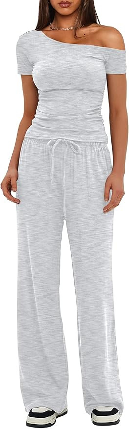 Darong Women's 2 Piece Outfits Lounge Sets Off Shoulder Short Sleeve Tops and High Waisted Wide L... | Amazon (US)