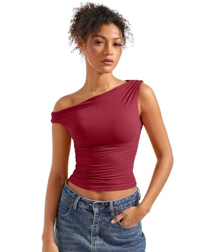 SUUKSESS Women Off Shoulder Tops Sleeveless Shirts Y2K Trendy Going Out Crop Tank Top (Wine Red,M) | Amazon (US)