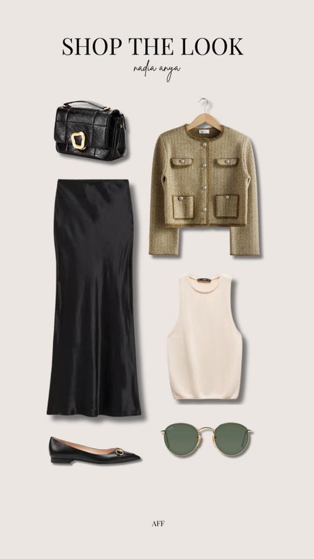 Spring chic outfit idea - black satin midi skirt, Gucci horsebit ballet flats, khaki green tweed jacket, black handbag, round rayban sunglasses & mango cream knit top