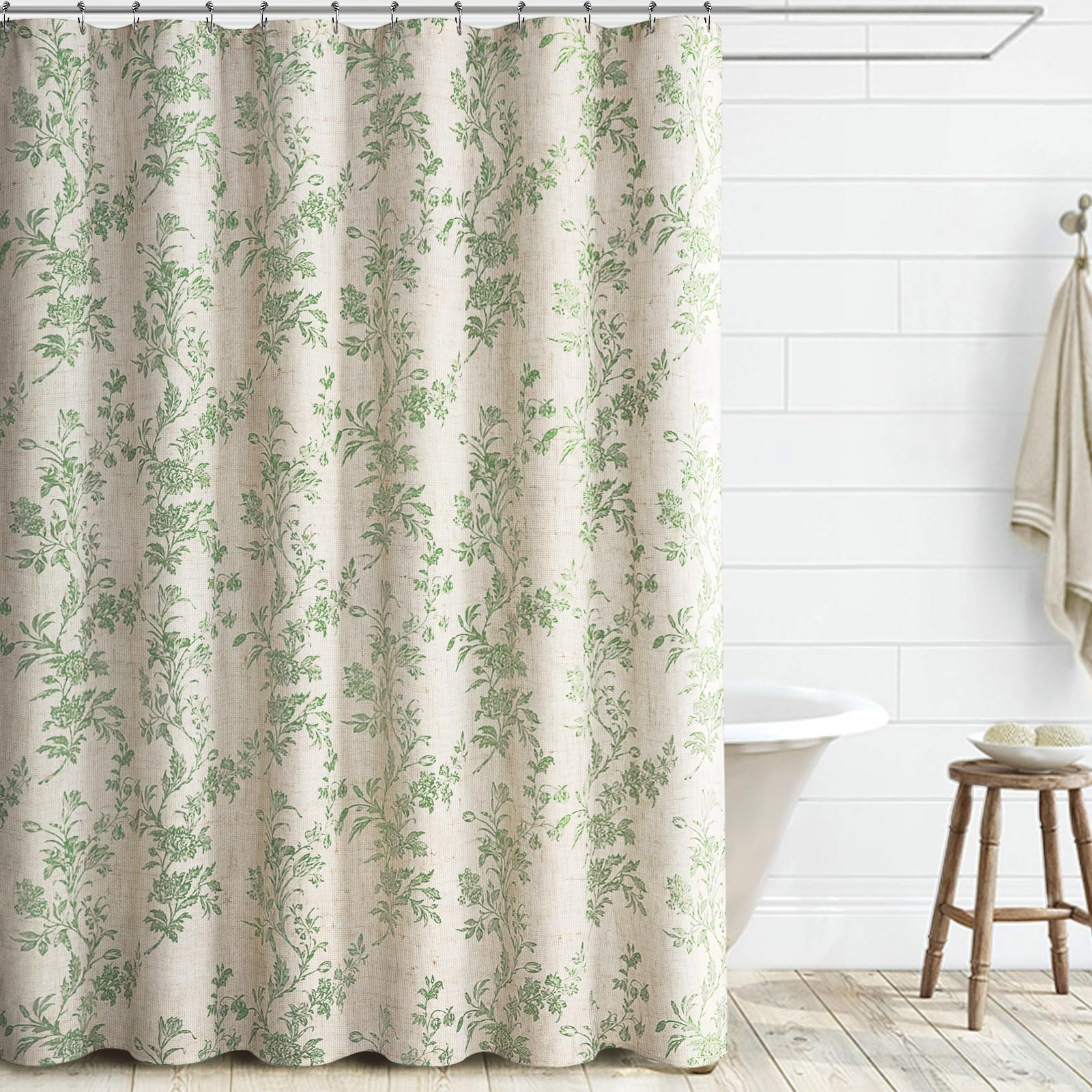 Awellife Beige Linen Shower Curtain,Sage Green Cotton Floral Cottagecore Spring Shower Curtain fo... | Amazon (US)