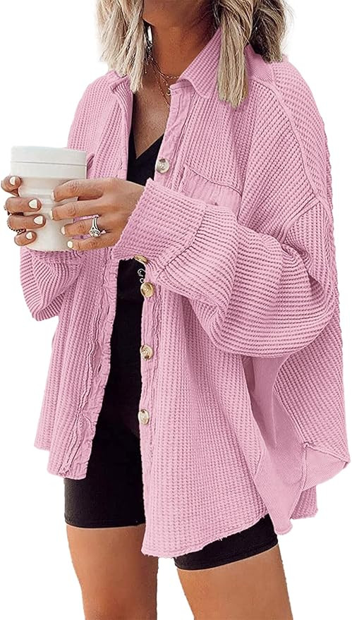 Nirovien Womens Waffle Knit Shacket Oversized Button Down Shirt Jacket Lightweight Spring Outfits... | Amazon (US)