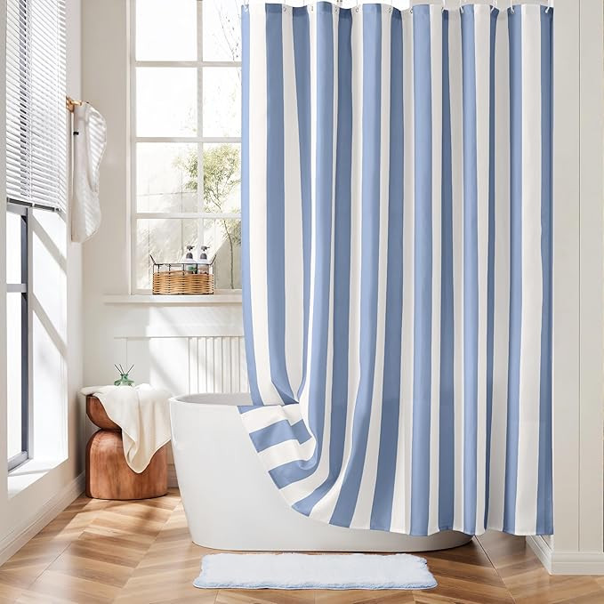Vertical Striped Blue Shower Curtain, Cute Retro Vintage Blue Stripe Bathroom Shower Curtain, Wat... | Amazon (US)
