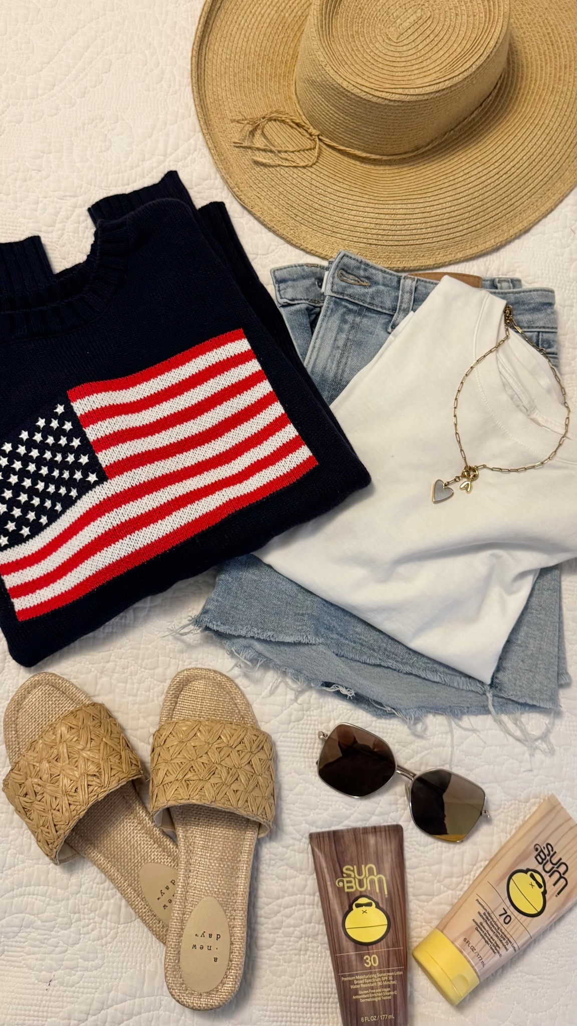 Lightweight American flag sweater. Women’s denim cut off shorts. Diff sunglasses. Women’s slides.