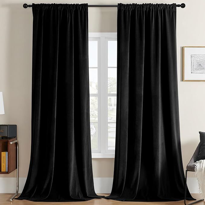 Joydeco Black Velvet Curtains 90 inch Length 2 Panels, Luxury Blackout Rod Pocket Thermal Insulat... | Amazon (US)