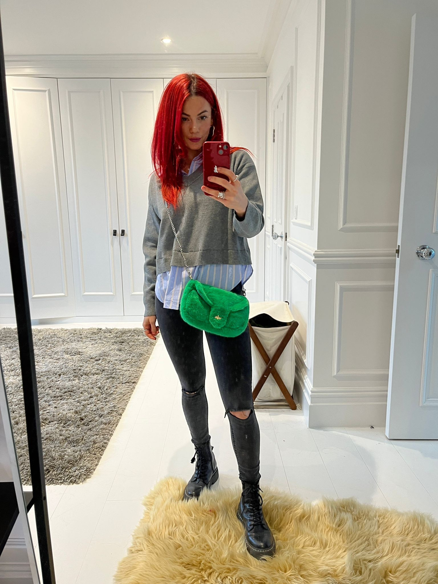 Blue striped top, grey cropped sweater, black ripped skinny jeans, black combat boots

#LTKeurope #LTKstyletip #LTKSeasonal