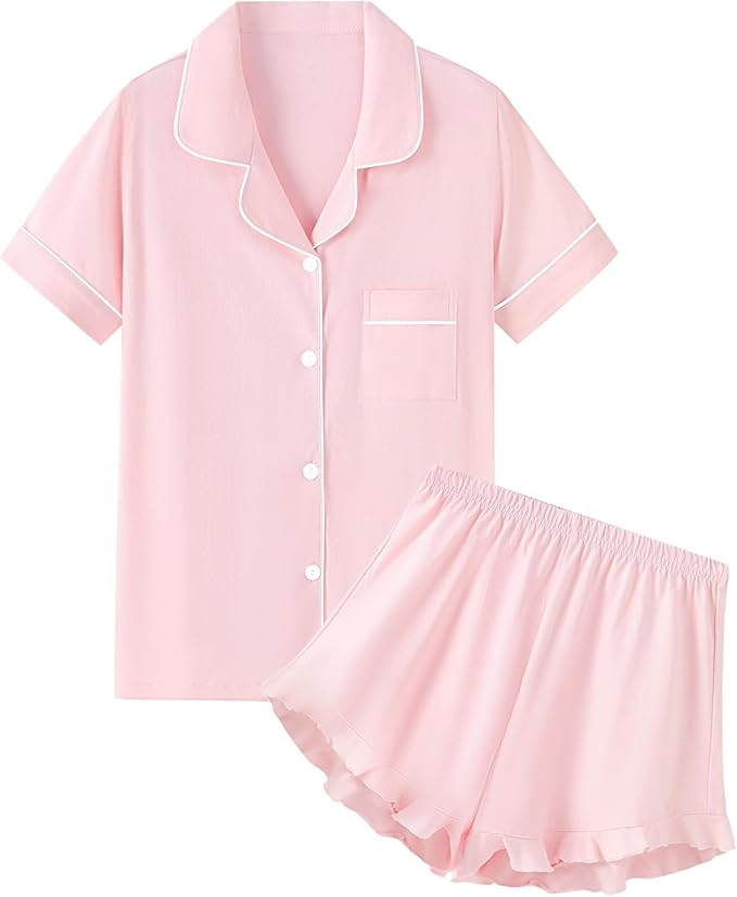 QZH.DUAO Girls & Women Pajama Sets 100% Cotton Sleepwear Button Down Short Sleeve With Ruffle Sho... | Amazon (US)