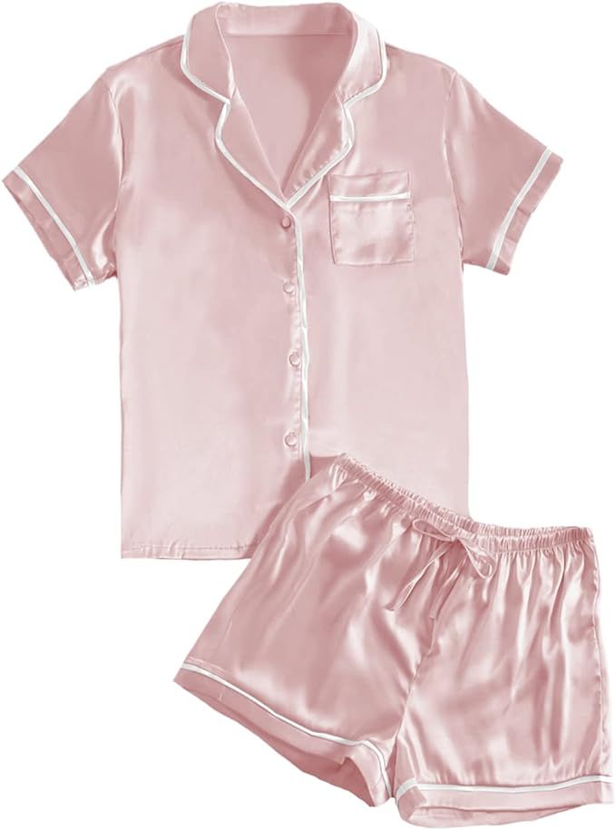 LYANER Women's Satin Silky Short Sleeve Button Shirt Sleepwear 2Piece Pajama Set | Amazon (US)