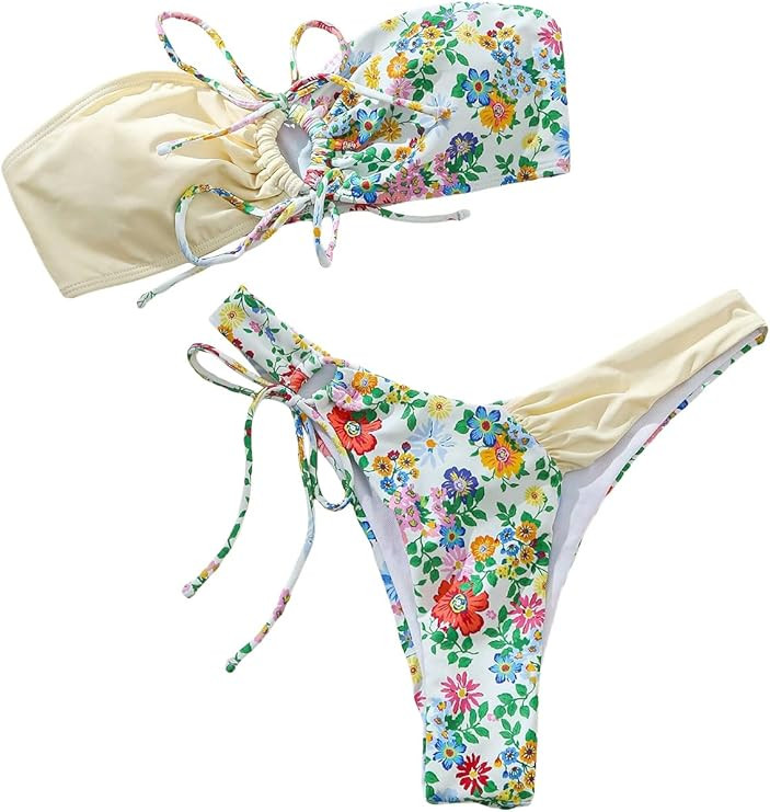 MakeMeChic Women's 2 Piece Bandeau Swimsuit Boho Ring Strapless High Cut Bikini Sets Bathing Suit | Amazon (US)