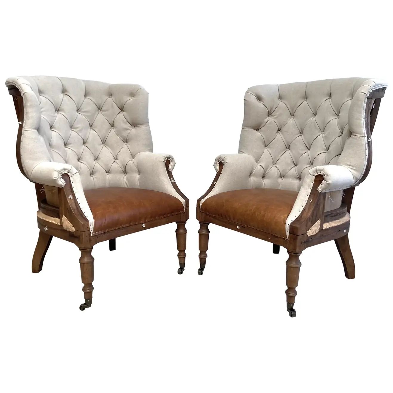 Linen and Leather Deconstructed Wing Back Chairs with Caster Wheels | 1stDibs