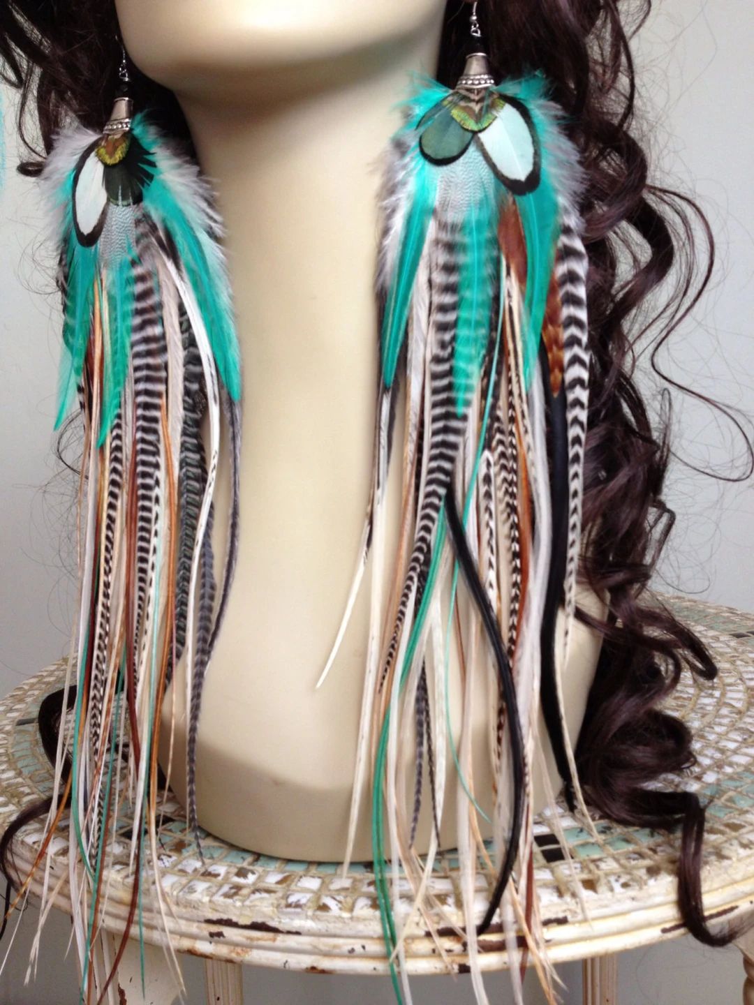 14 Inch Feather Earrings Long Natural Turquoise Hippie Goddess, Big and Full Real Feather Jewelry... | Etsy (US)