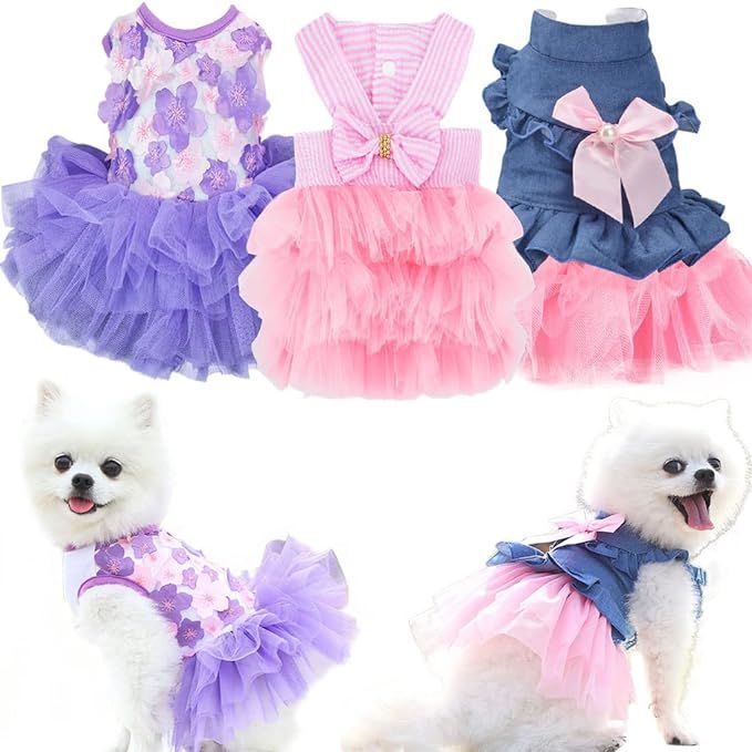 Set of 3 Dog Clothes for Small Dogs, Puppy Dress for Girl Dogs, Autum Cute Female Pet Skirt Cloth... | Amazon (US)