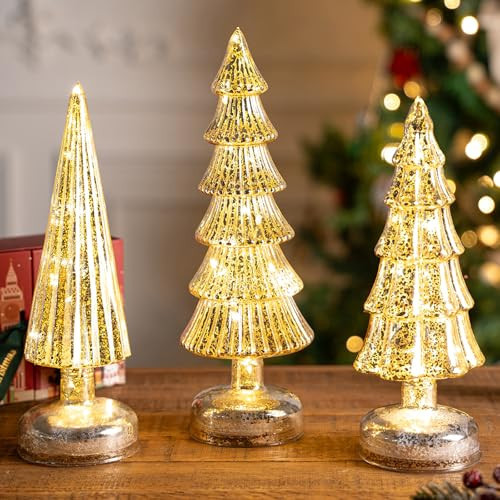 3 Pcs Mercury Glass Christmas Tree Tabletop Christmas Tree with Light,12 in Silver GlassTrees Figurines with LED Lights Figurine for Mantel Centerpieces,Christmas Glass Tree Ornaments (Champagne Gold) | Amazon (US)