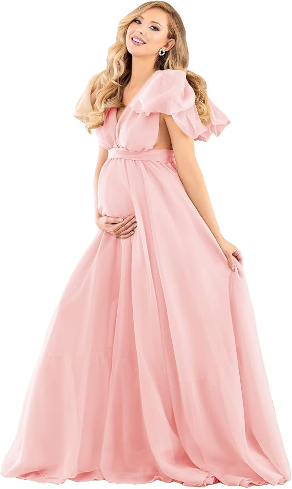 Chiffon V Neck Maternity Dress Robe for Photoshoot Maternity Pregnancy Baby Shower Sheer Puffy Go... | Amazon (US)