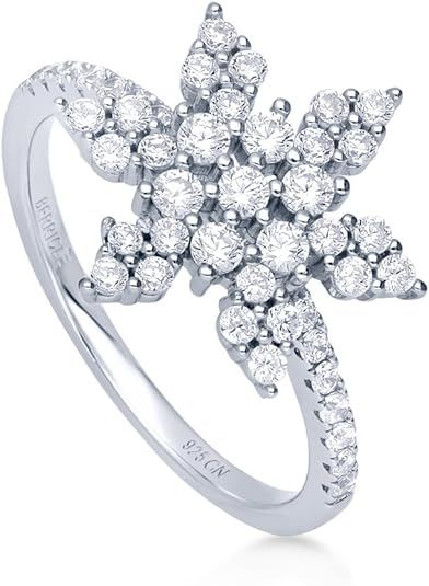 BERRICLE Rhodium Plated Sterling Silver Cubic Zirconia CZ Snowflake Fashion Right Hand Ring | Amazon (US)