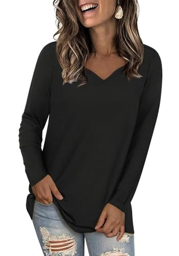 LONGYUAN Black Tunic Tops for Women 2025 Shirt Womens Trendy for 2025 V-Neck Long Sleeve Casual Blouse Winter Large | Amazon (US)