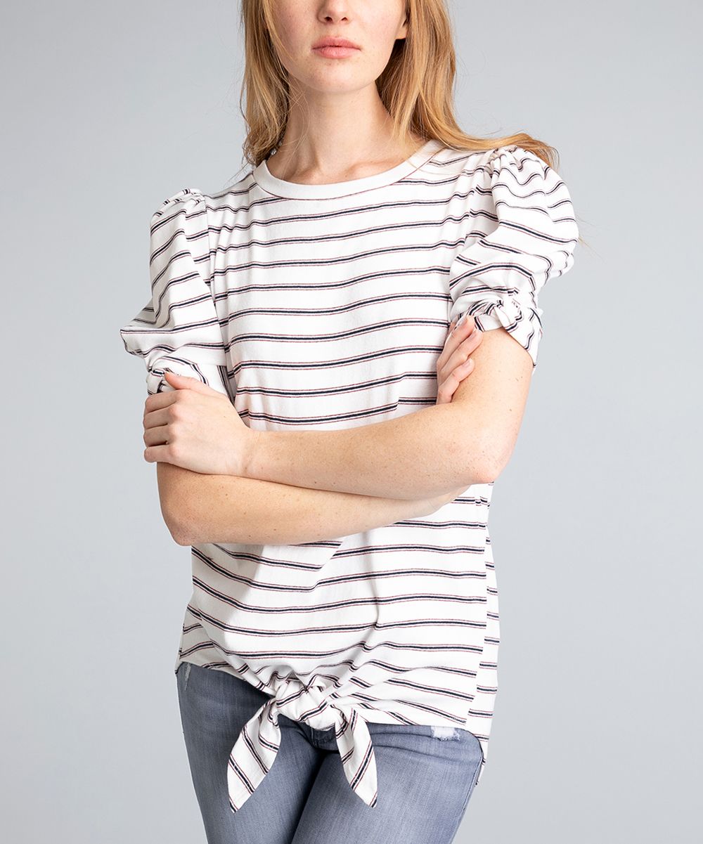 Self Crush Women's Tee Shirts OFF - White & Navy Tie-Front Stripe Puff-Sleeve Top - Women | Zulily