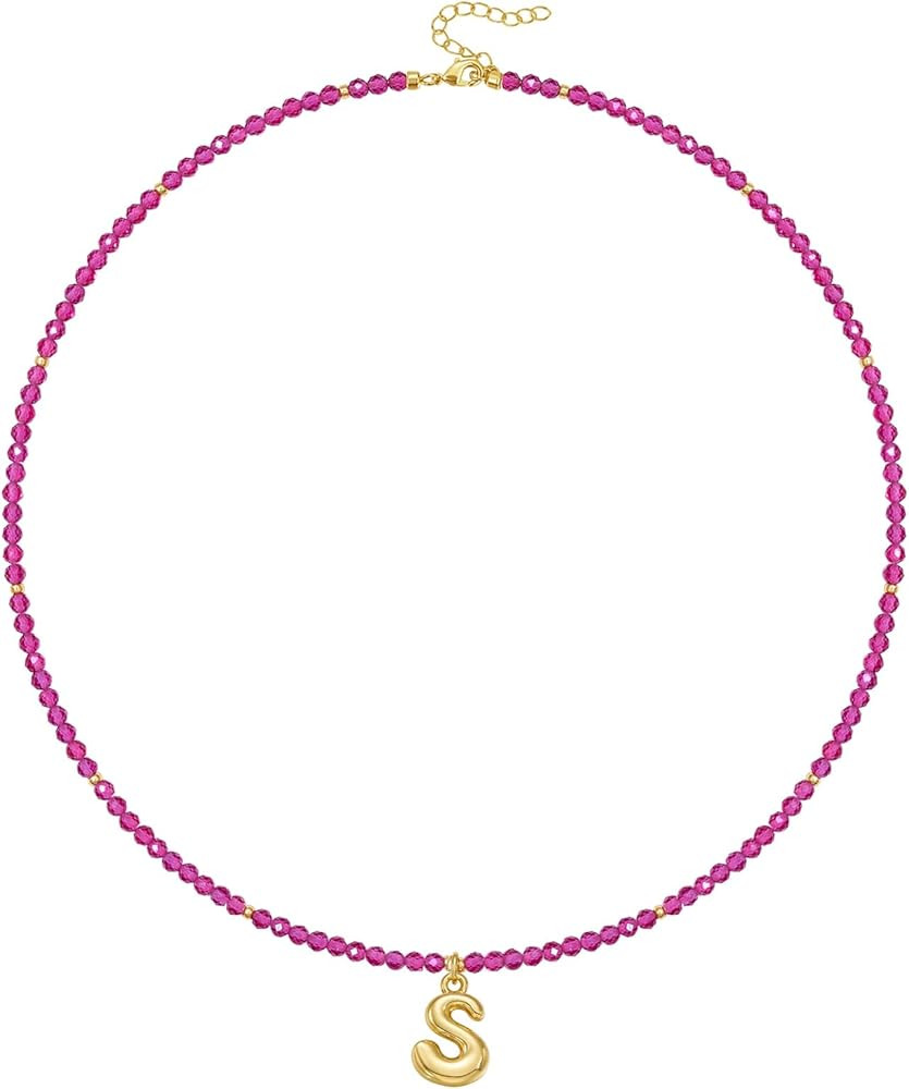 KissYan Beaded Initial Necklace, 14K Gold Plated Bubble Letter Pendant Rainbow Gemstone Choker Co... | Amazon (US)