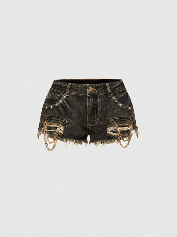 ROMWE J-Fashion Y2K Gyaru Setagaya Distressed Ripped Chain Detail Vintage Ultra-Low Waist Fitted Women Denim Shorts | SHEIN
