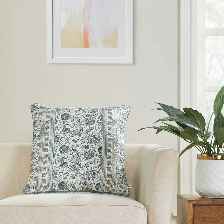 (2 pack) Better Homes & Gardens 20" x 20" Blue Block Print Floral Reversible Cotton Decorative Pi... | Walmart (US)