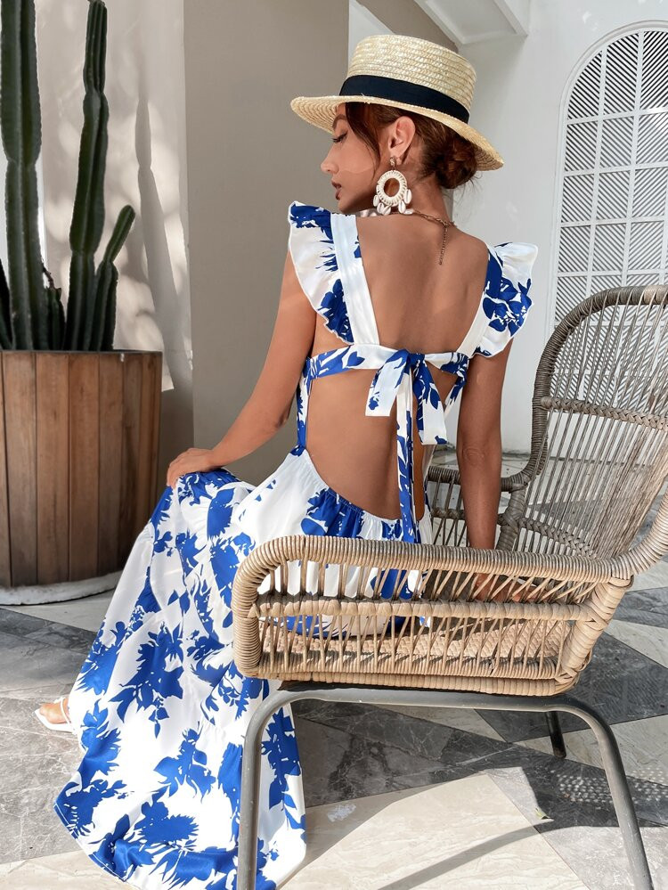 Butterfly Sleeve Ruffle Hem Allover Floral Dress | SHEIN