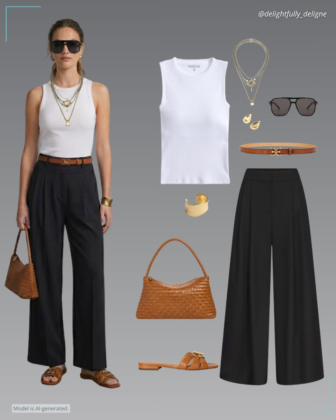 Modern Summer Tailoring ☀️ 🤍   Suiting oversized wide-leg pants, bra-free rib high-neck tank, Double E logo slim leather belt, woven collection leather shoulder bag, cross-dyed canvas slide sandals, aviator sunglasses, oversized droplet stud earrings, sculpted wide cuff bracelet & lock layered necklace set. 

 #LTKgrwm #LTKootd #LTKOver40