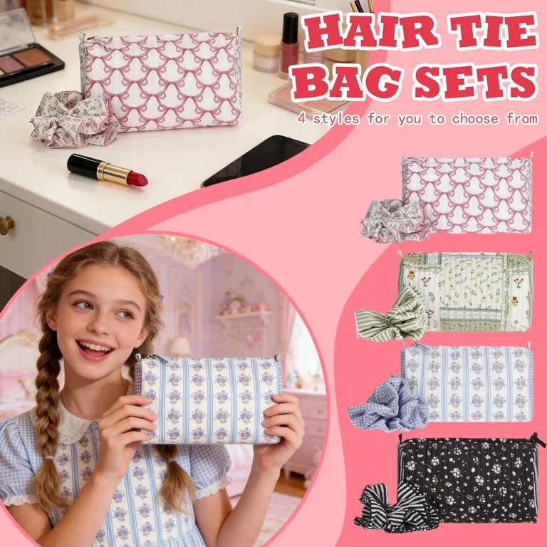 Women's Quilted Tote Bag and Hair Scrunchie Set, 2pcs, Cute Bow Quilted Makeup Bag with Floral/Ch... | Walmart (US)