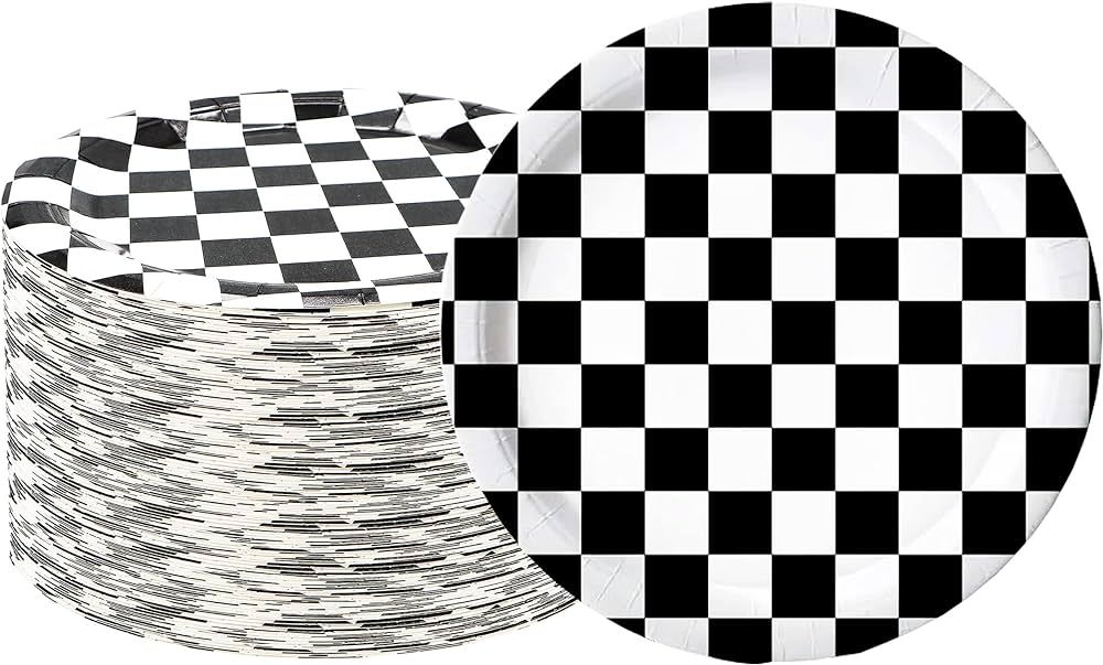 HSPAIDYP 40 Pcs Black and White Checkered Race Car Party Supplies Racing Themed Paper Plates 7" B... | Amazon (US)