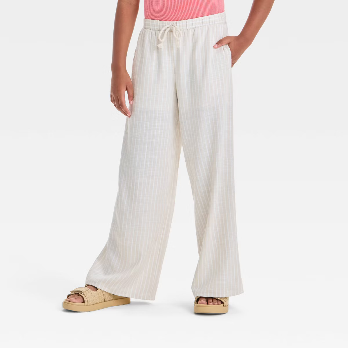Girls' Wide Leg Striped Beach Pants - art class™ Khaki S | Target
