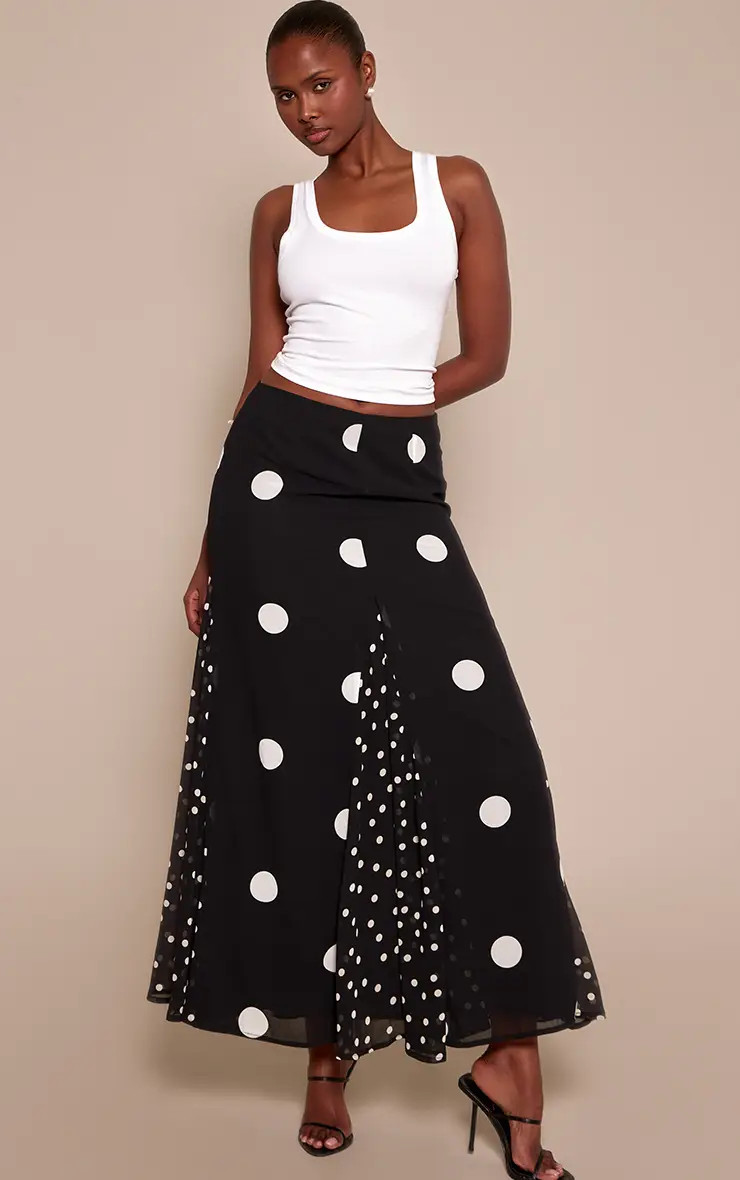 Black Polka Dot Contrast Print Chiffon Maxi Skirt | PrettyLittleThing USA | PrettyLittleThing US