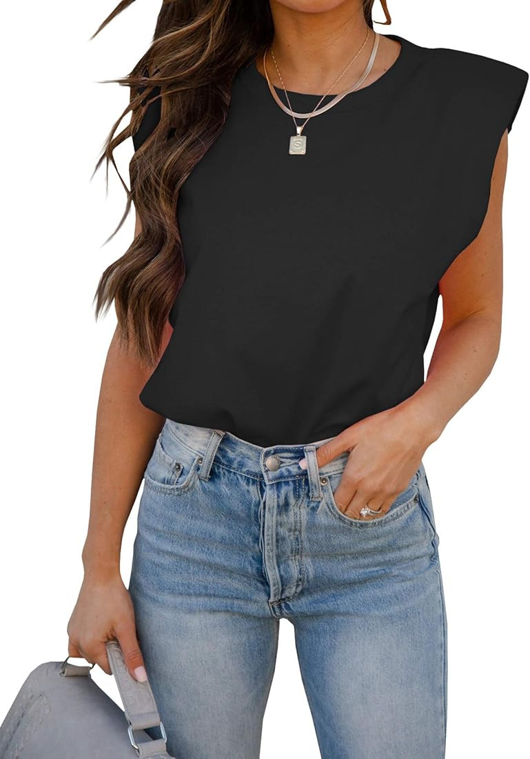BZB Women Sleeveless T Shirt Padded Shoulder Crewneck Solid Color Loose Tank Tops | Amazon (US)