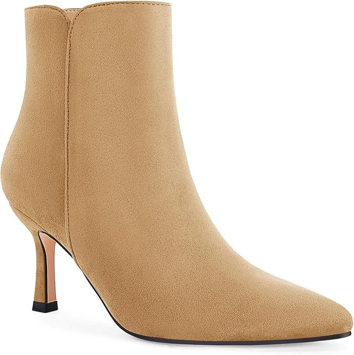 Coutgo Women's Kitten Heel Booties Pointed Toe Low Stiletto Side Zipper Ankle Boots Shoes | Amazon (US)