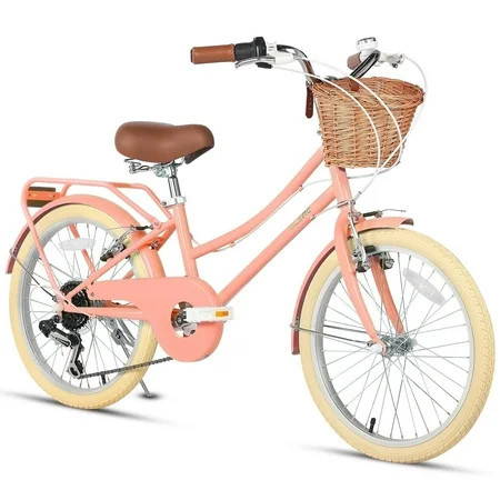 Glerc Missy 20" Girl Cruiser Kids Bike Shimano 6-Speed Teen Hybrid City Bicycle for Youth Ages 6 7 8 9 10 11 12 Years Old with Wicker Basket & Rack, Peach | Walmart (US)