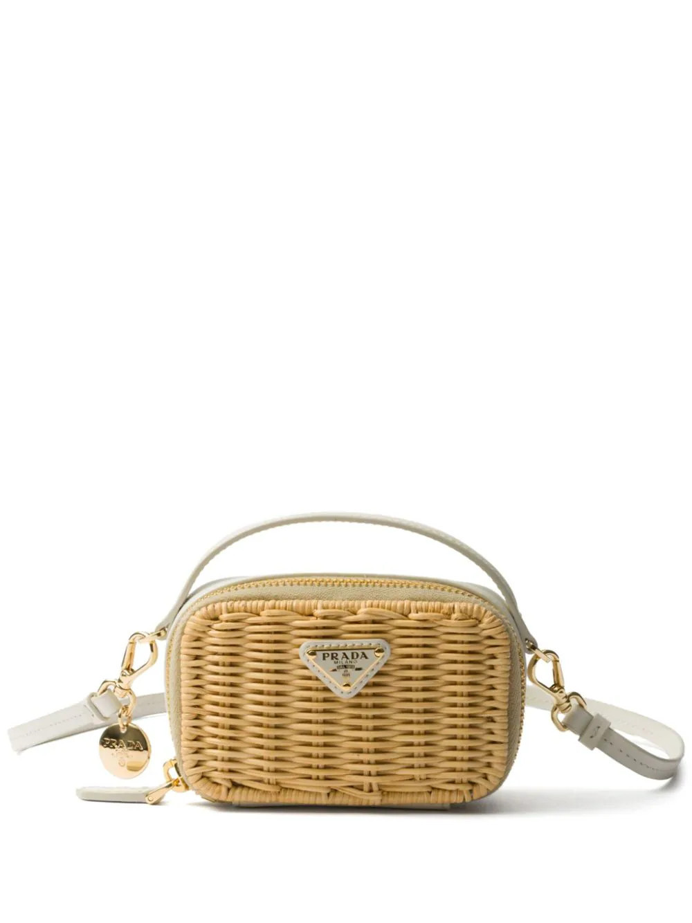 Prada logo-plaque woven-wicker mini pouch - Neutrals | Farfetch Global